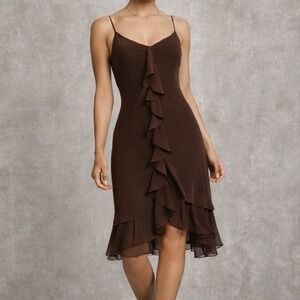 Carraz Beverly Hills Brown Chiffon Ruffle Slip Dress Y2K Cocktail Evening Size S